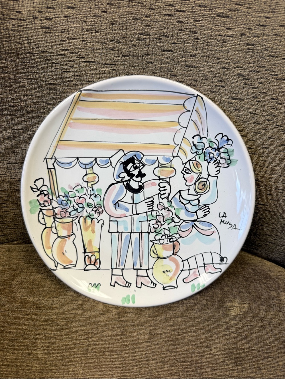 La Musa Italian Ceramic Hand Painted Pastel Flower Cart Wall Hanging Plate.